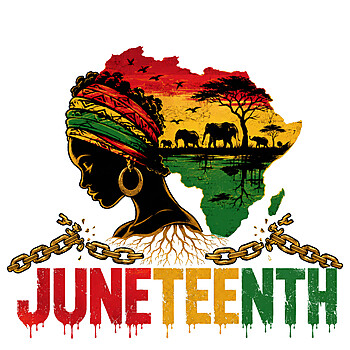 A beautiful vintage illustration of a Black woman connected to deep roots and an African savanna map, featuring broken chains and the quote remembering my ancestors juneteenth png