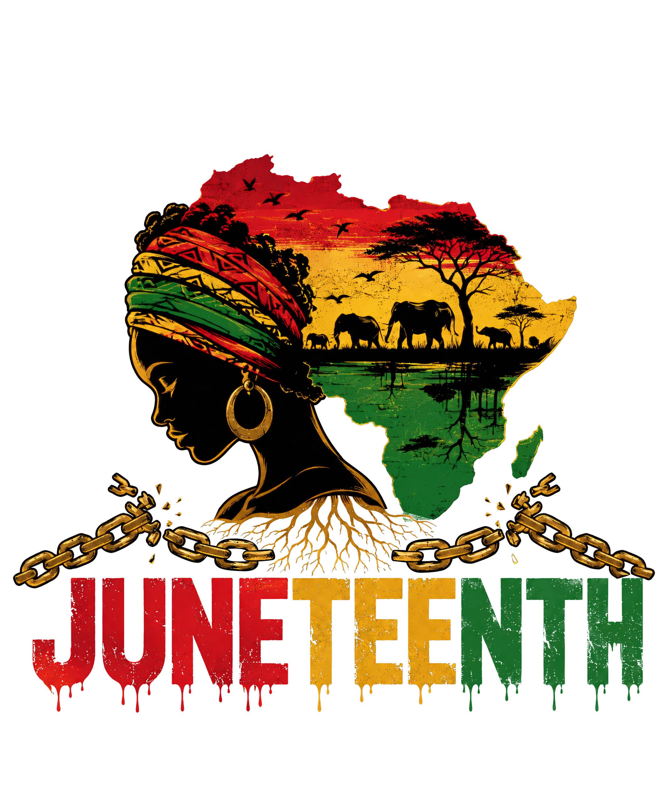 A beautiful vintage illustration of a Black woman connected to deep roots and an African savanna map, featuring broken chains and the quote remembering my ancestors juneteenth png