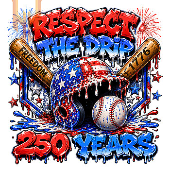 A vibrant and patriotic baseball design featuring a dripping US flag helmet, crossed bats, and fireworks, perfect for the respect the drip 250 years png collection.