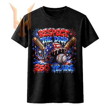 A vibrant and patriotic baseball design featuring a dripping US flag helmet, crossed bats, and fireworks, perfect for the respect the drip 250 years png collection.