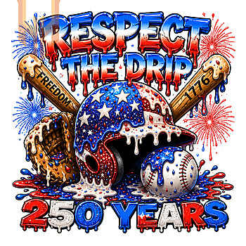 A vivid, patriotic illustration of a melting helmet and ball, ideal for creators needing a respect the drip baseball png.