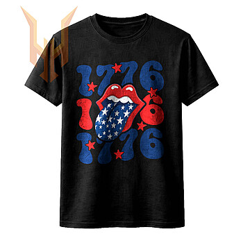 A distressed rock and roll graphic featuring a star-spangled tongue and groovy text, perfect for your retro 1776 patriotic lips png sublimation projects.