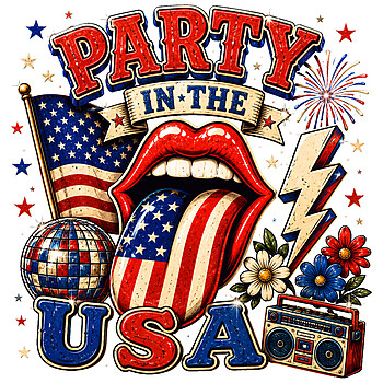 A vibrant vintage rock and roll design featuring an American flag tongue and boombox, perfect for your retro party in the usa png sublimation projects.
