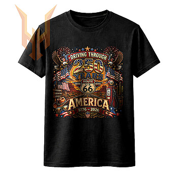 A vibrant vintage illustration of bald eagles, American flags, and a desert highway, available as the route 66 250 years png for digital download.