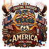 A vibrant vintage illustration of bald eagles, American flags, and a desert highway, available as the route 66 250 years png for digital download.