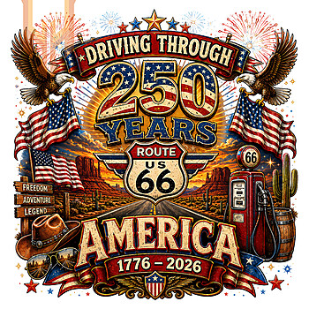 A vibrant vintage illustration of bald eagles, American flags, and a desert highway, available as the route 66 250 years png for digital download.