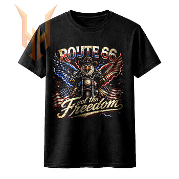 A fierce vintage illustration of a bald eagle riding a motorcycle with American flags and lightning, available as the route 66 eagle biker png for digital download.