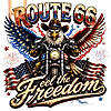A fierce vintage illustration of a bald eagle riding a motorcycle with American flags and lightning, available as the route 66 eagle biker png for digital download.