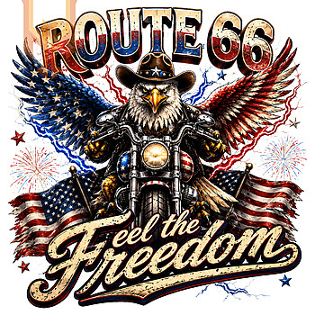 A fierce vintage illustration of a bald eagle riding a motorcycle with American flags and lightning, available as the route 66 eagle biker png for digital download.