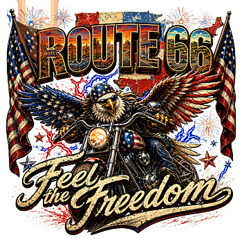 A vintage grunge illustration of a patriotic eagle riding a motorcycle with American flags, available as the route 66 feel the freedom png for digital download.
