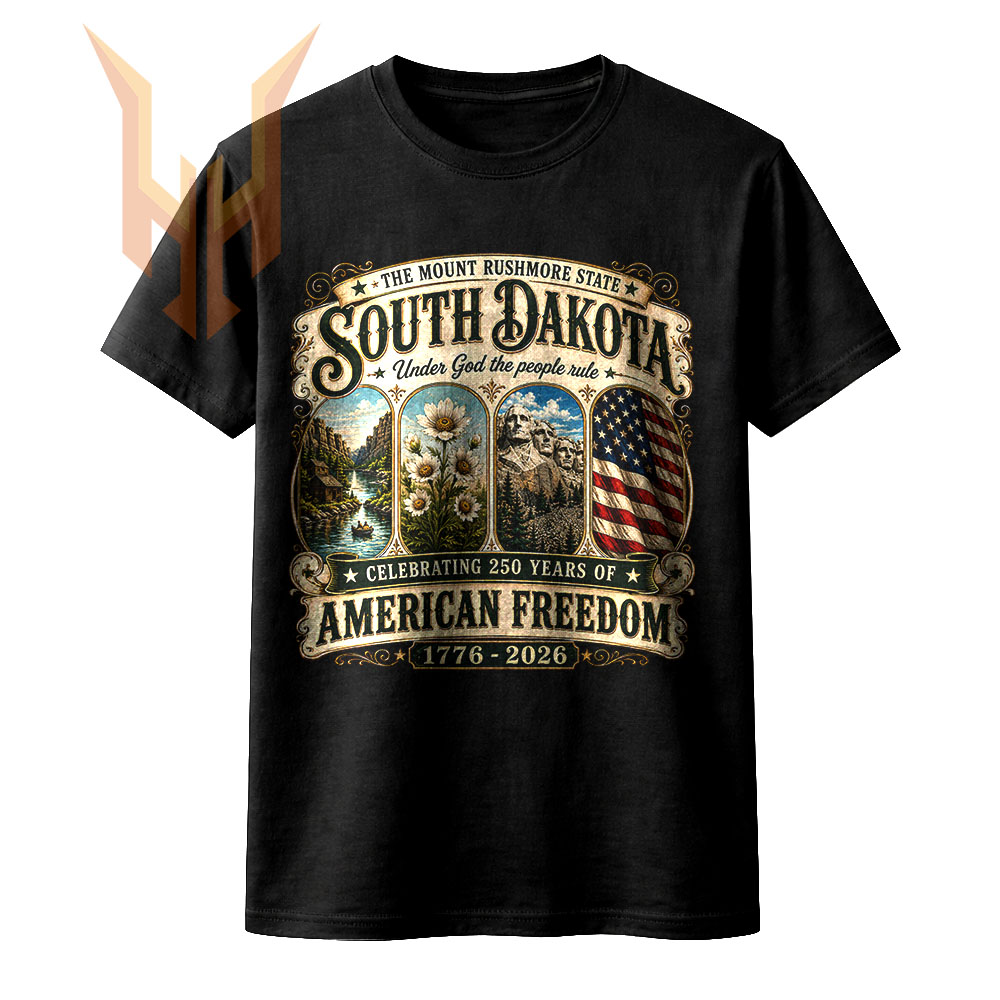 A breathtaking vintage illustration featuring Mount Rushmore, a scenic river, daisies, and the US flag, available as the south dakota 250 years png for download