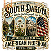 A breathtaking vintage illustration featuring Mount Rushmore, a scenic river, daisies, and the US flag, available as the south dakota 250 years png for download