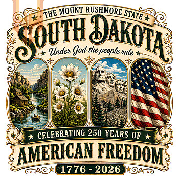 A breathtaking vintage illustration featuring Mount Rushmore, a scenic river, daisies, and the US flag, available as the south dakota 250 years png for download