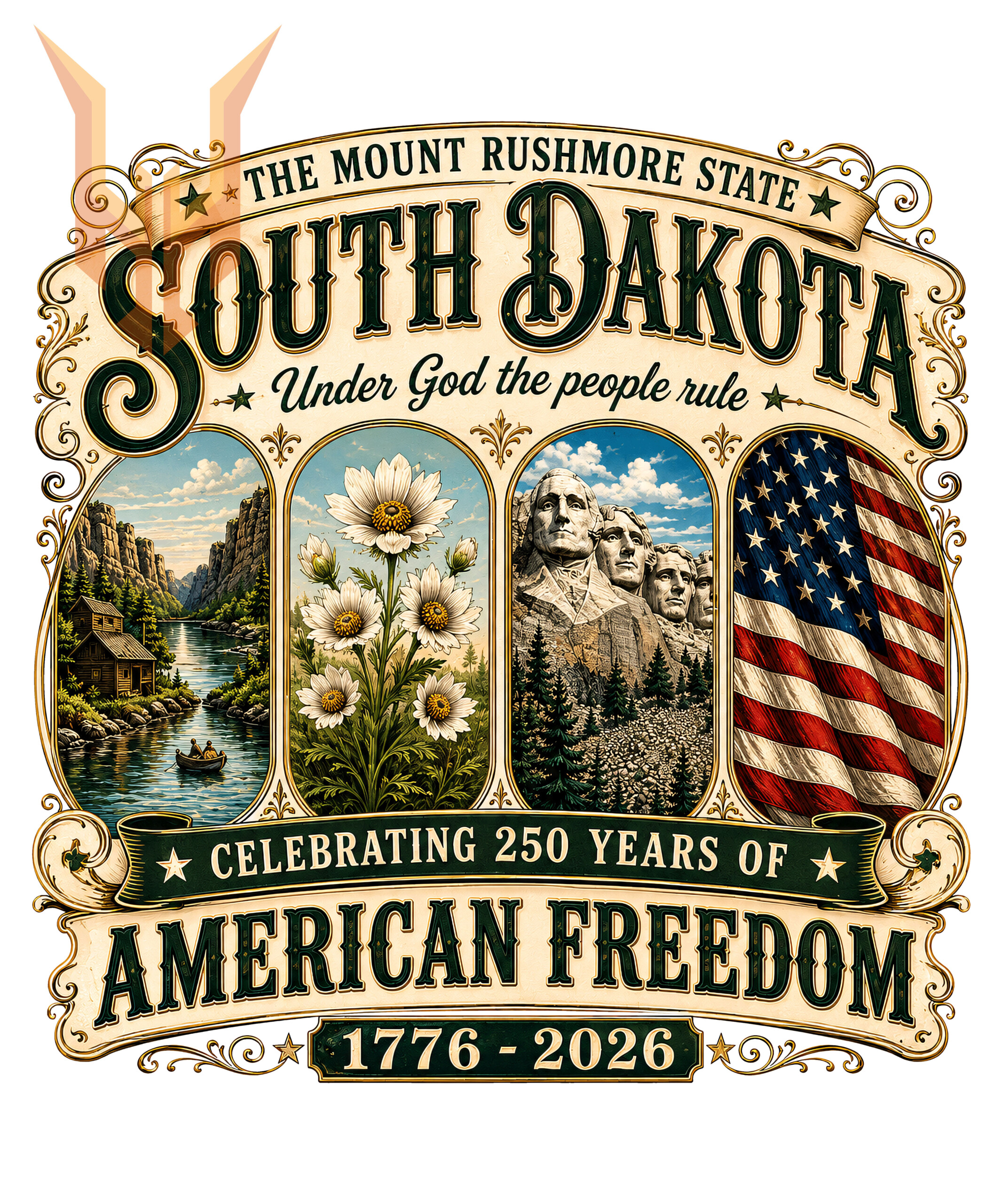 A breathtaking vintage illustration featuring Mount Rushmore, a scenic river, daisies, and the US flag, available as the south dakota 250 years png for download