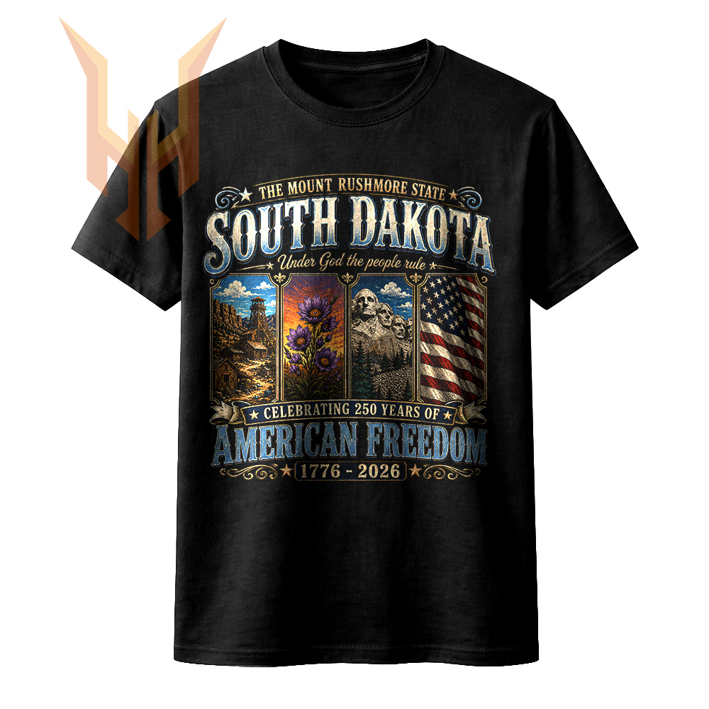 A vintage Americana graphic design featuring Mount Rushmore, the state flower, and a patriotic flag, available as the south dakota american freedom png for digital download.