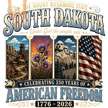 A vintage Americana graphic design featuring Mount Rushmore, the state flower, and a patriotic flag, available as the south dakota american freedom png for digital download.
