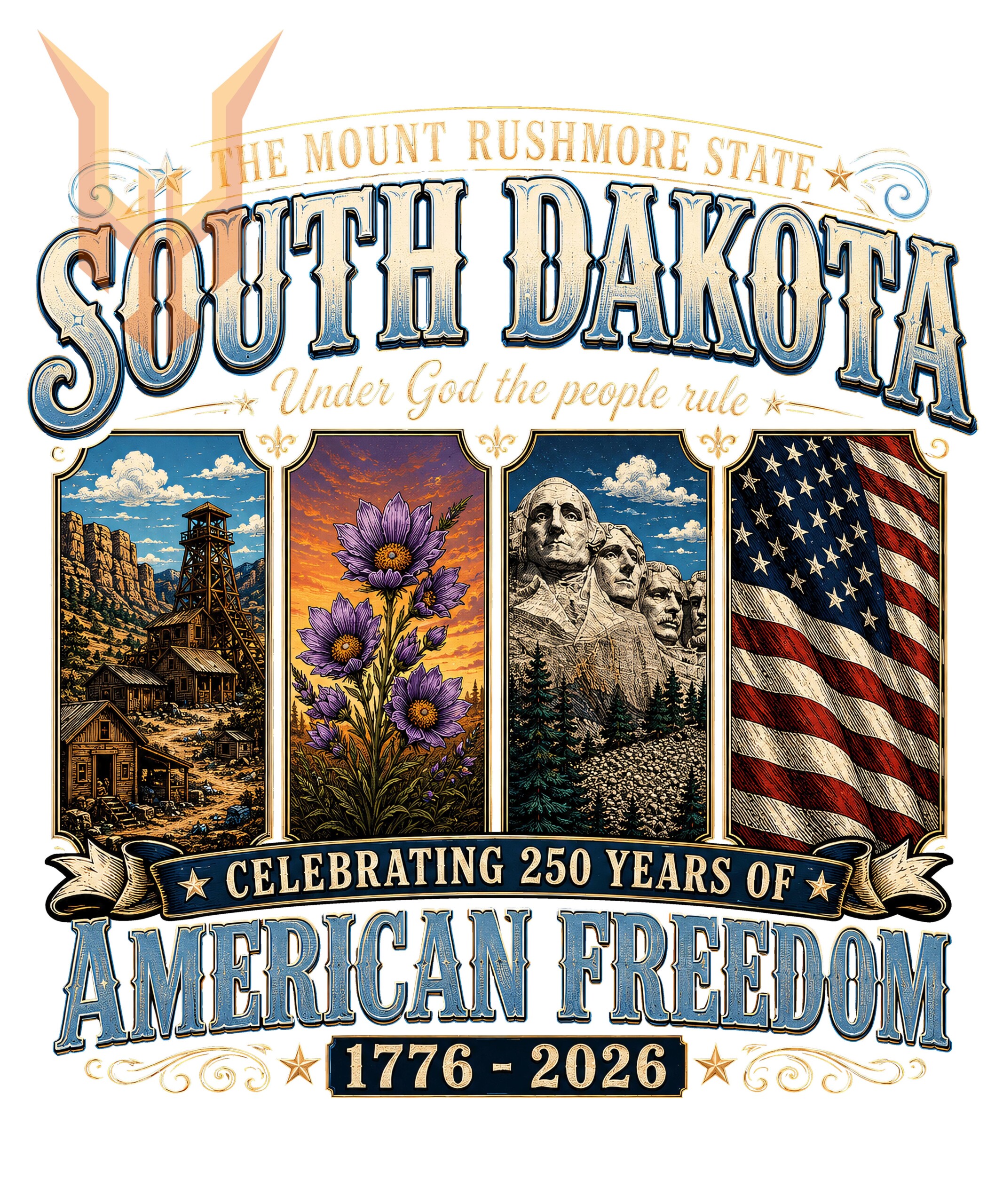 A vintage Americana graphic design featuring Mount Rushmore, the state flower, and a patriotic flag, available as the south dakota american freedom png for digital download.