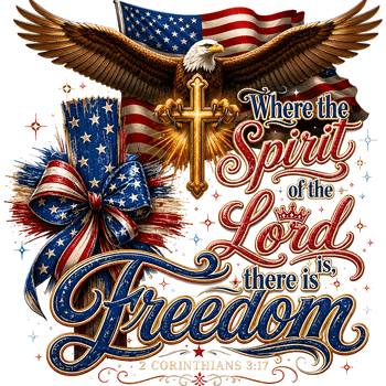 A majestic eagle holding a golden cross with an American flag ribbon in this spirit of the lord freedom png design.