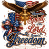 A majestic eagle holding a golden cross with an American flag ribbon in this spirit of the lord freedom png design.