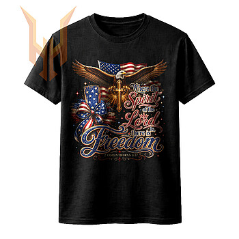 A majestic eagle holding a golden cross with an American flag ribbon in this spirit of the lord freedom png design.