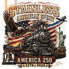 A vivid vintage illustration of a steam train, bald eagle, and American flag for the stainless american spirit png design.