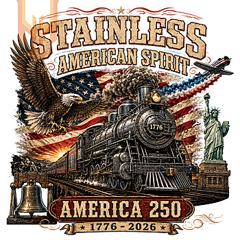 A vivid vintage illustration of a steam train, bald eagle, and American flag for the stainless american spirit png design.
