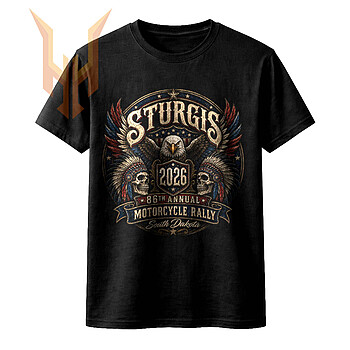 A vintage distressed emblem featuring a patriotic bald eagle and skulls with headdresses for the ultimate sturgis 2026 png design