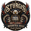 A vintage distressed emblem featuring a patriotic bald eagle and skulls with headdresses for the ultimate sturgis 2026 png design
