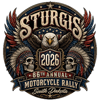 A vintage distressed emblem featuring a patriotic bald eagle and skulls with headdresses for the ultimate sturgis 2026 png design