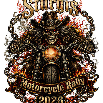 A fiery outlaw skeleton riding a chopper head-on, perfectly illustrating the ultimate sturgis 2026 rally png style for hardcore bikers.