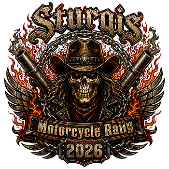 A fierce and fiery outlaw skull design celebrating the event, capturing the ultimate sturgis motorcycle rally 2026 png style for true bikers.