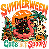 A vibrant retro design of a summerween black cat png featuring a cute feline in a pink flamingo floatie, a friendly ghost, and the phrase Cute but Spooky.