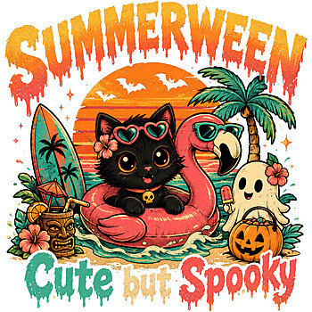 A vibrant retro design of a summerween black cat png featuring a cute feline in a pink flamingo floatie, a friendly ghost, and the phrase Cute but Spooky.