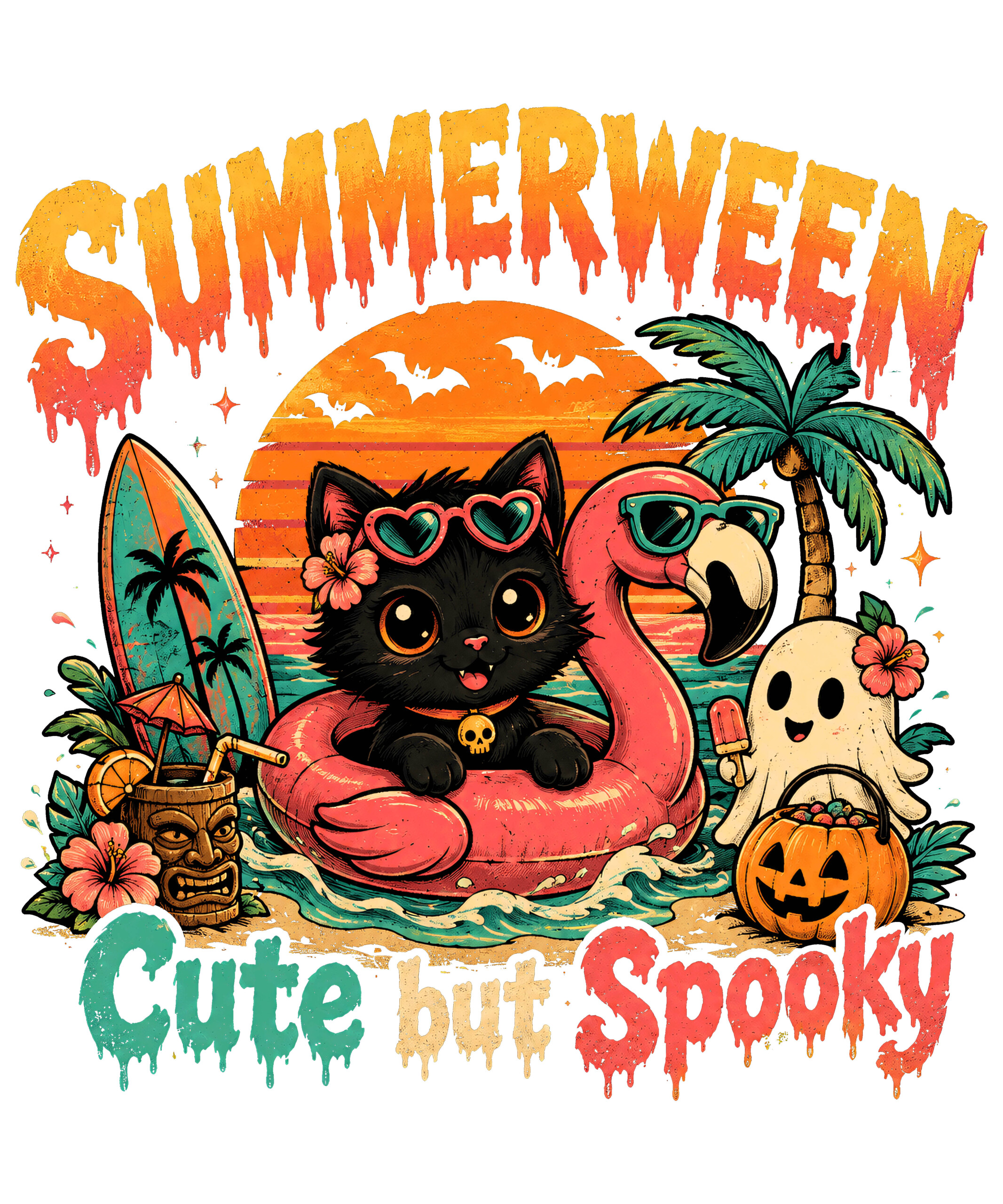 A vibrant retro design of a summerween black cat png featuring a cute feline in a pink flamingo floatie, a friendly ghost, and the phrase Cute but Spooky.