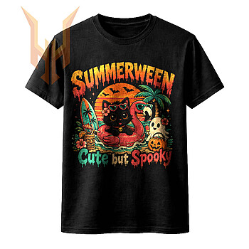 A vibrant retro design of a summerween black cat png featuring a cute feline in a pink flamingo floatie, a friendly ghost, and the phrase Cute but Spooky.