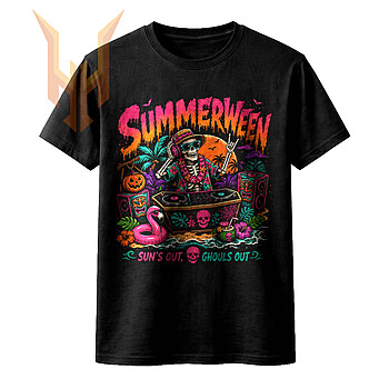 Spin the ultimate spooky beach party track with this vibrant retro graphic, featuring the perfect summerween skeleton dj png.