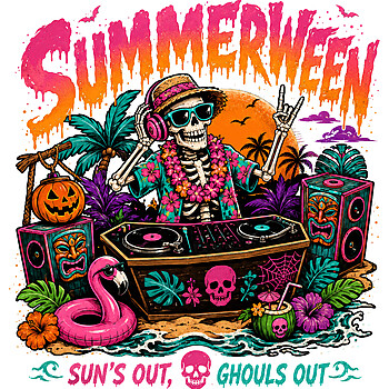 Spin the ultimate spooky beach party track with this vibrant retro graphic, featuring the perfect summerween skeleton dj png.