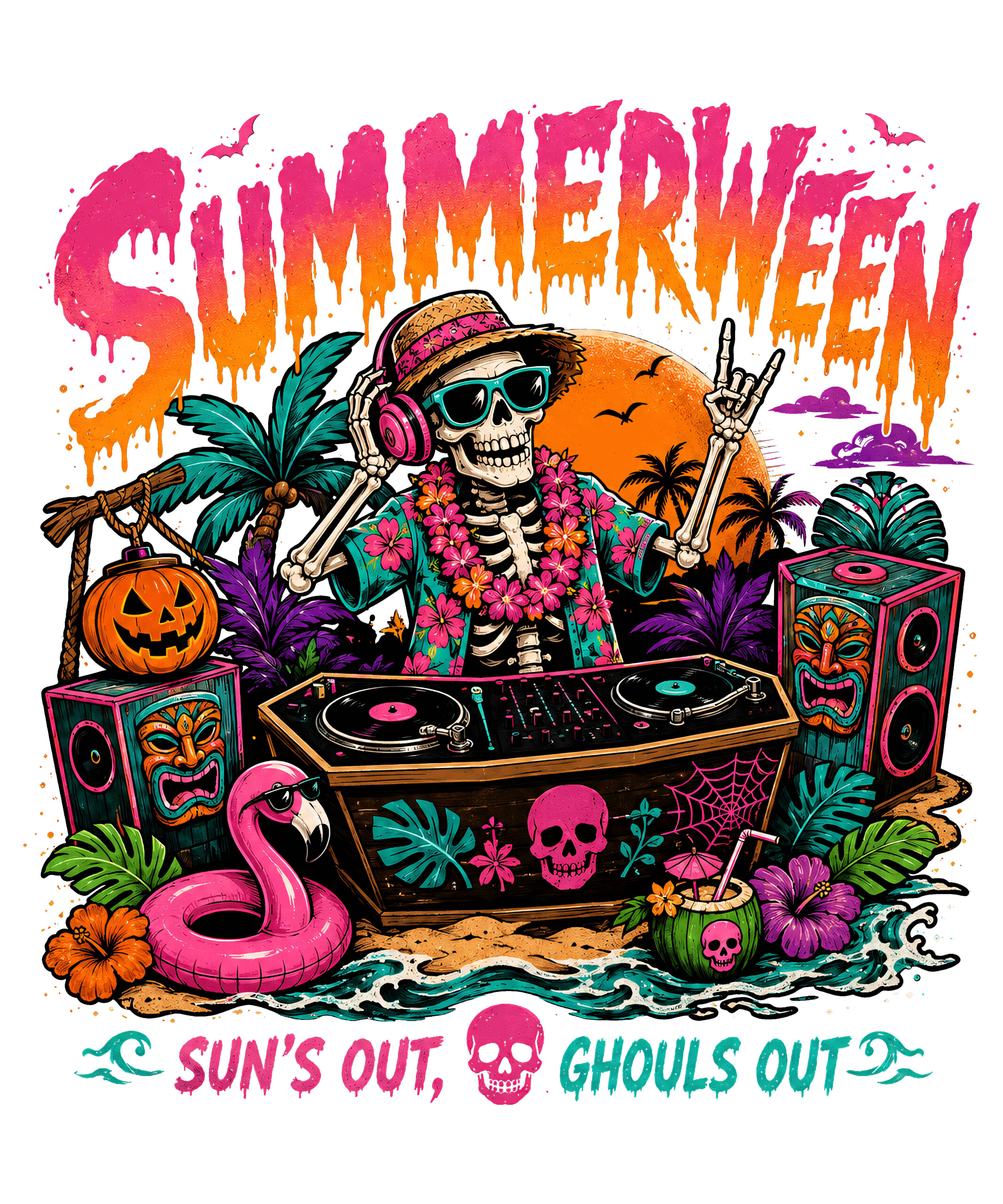 Spin the ultimate spooky beach party track with this vibrant retro graphic, featuring the perfect summerween skeleton dj png.