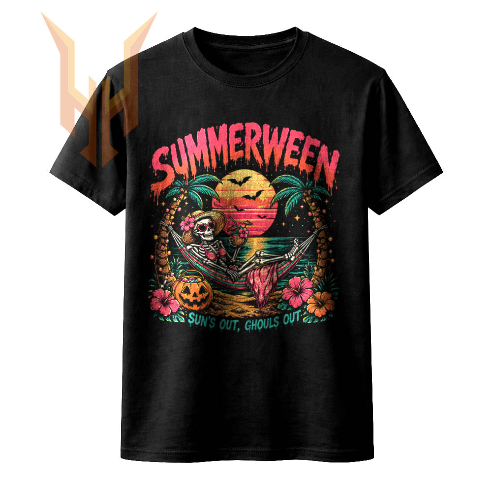 Chill out by the beach with this vibrant retro graphic featuring the ultimate summerween skeleton hammock png for your spooky summer apparel.