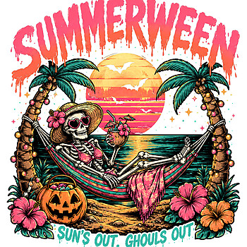 Chill out by the beach with this vibrant retro graphic featuring the ultimate summerween skeleton hammock png for your spooky summer apparel.