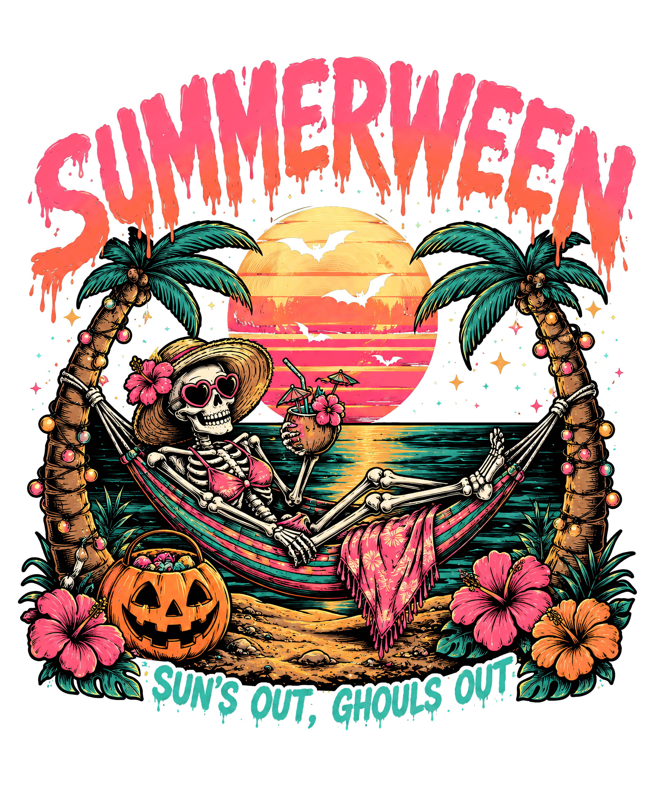 Chill out by the beach with this vibrant retro graphic featuring the ultimate summerween skeleton hammock png for your spooky summer apparel.