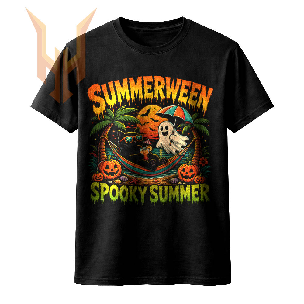 A vibrant retro design featuring a black cat in a hammock and a cute ghost on a tropical beach with pumpkins, representing the ultimate summerween spooky summer png.