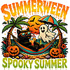 A vibrant retro design featuring a black cat in a hammock and a cute ghost on a tropical beach with pumpkins, representing the ultimate summerween spooky summer png.