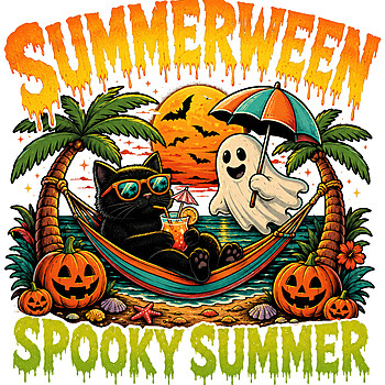 A vibrant retro design featuring a black cat in a hammock and a cute ghost on a tropical beach with pumpkins, representing the ultimate summerween spooky summer png.