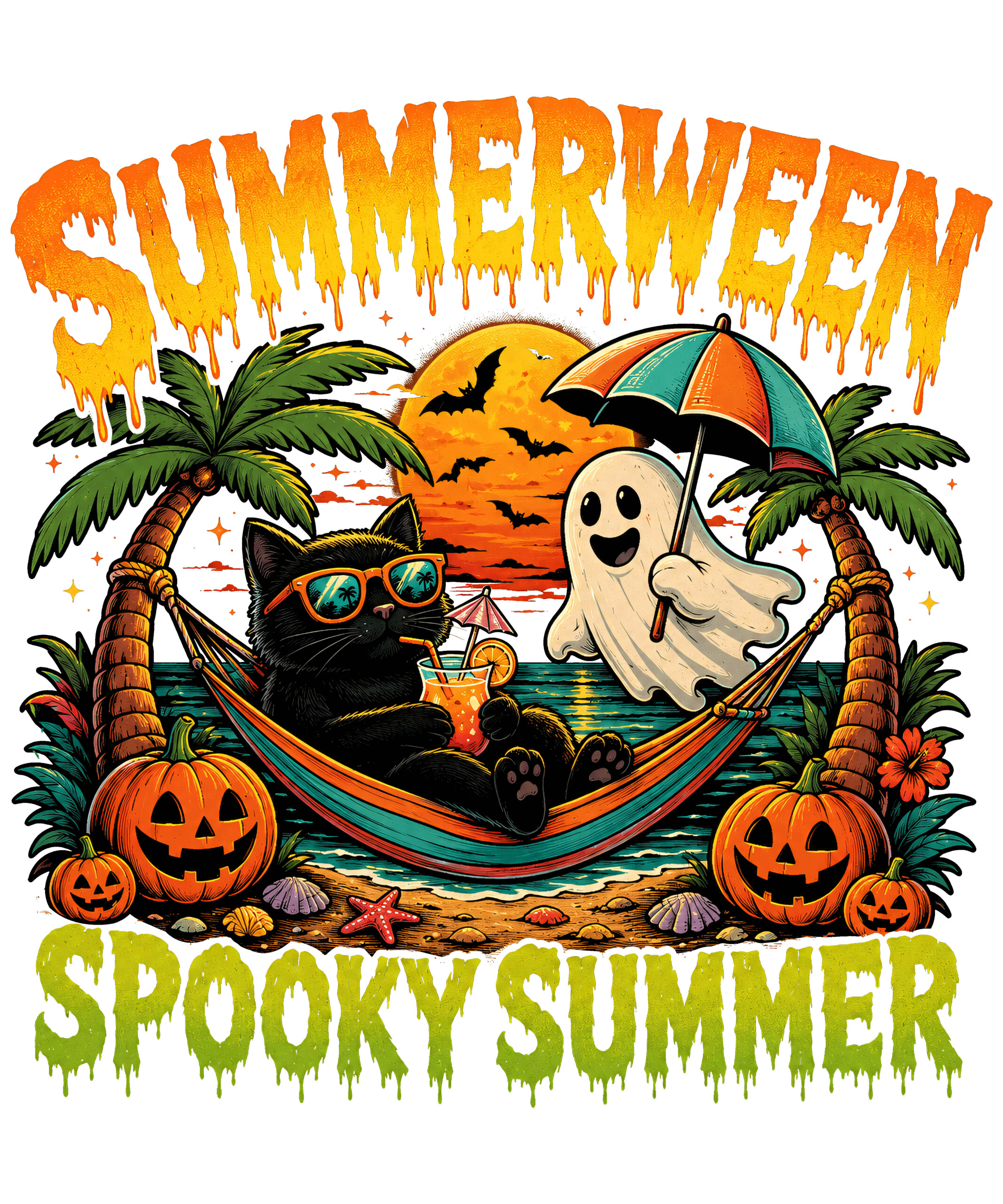 A vibrant retro design featuring a black cat in a hammock and a cute ghost on a tropical beach with pumpkins, representing the ultimate summerween spooky summer png.