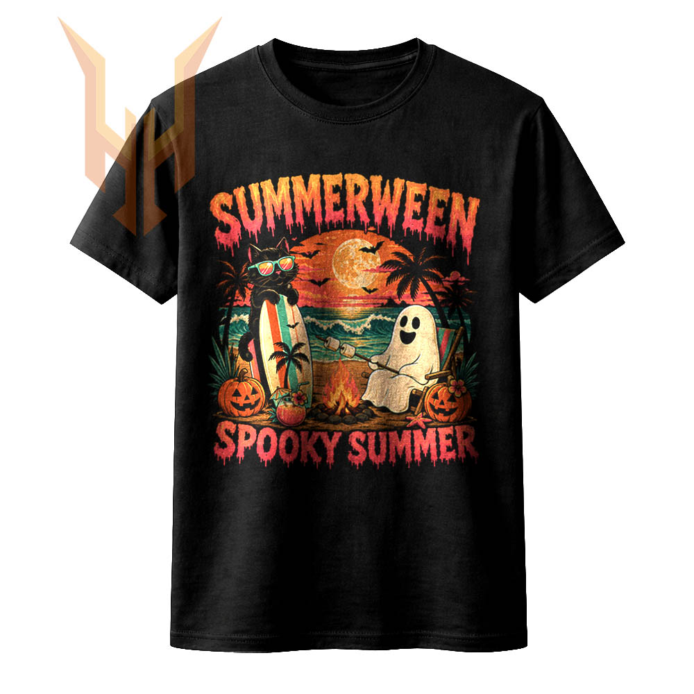 A vintage distressed graphic showing a cool surfing cat and a ghost roasting marshmallows at a beach bonfire, captured perfectly in this summerween spooky summer png.