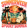 A vintage distressed graphic showing a cool surfing cat and a ghost roasting marshmallows at a beach bonfire, captured perfectly in this summerween spooky summer png.