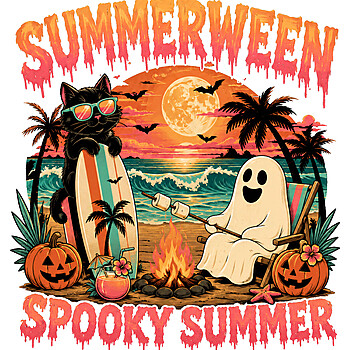 A vintage distressed graphic showing a cool surfing cat and a ghost roasting marshmallows at a beach bonfire, captured perfectly in this summerween spooky summer png.