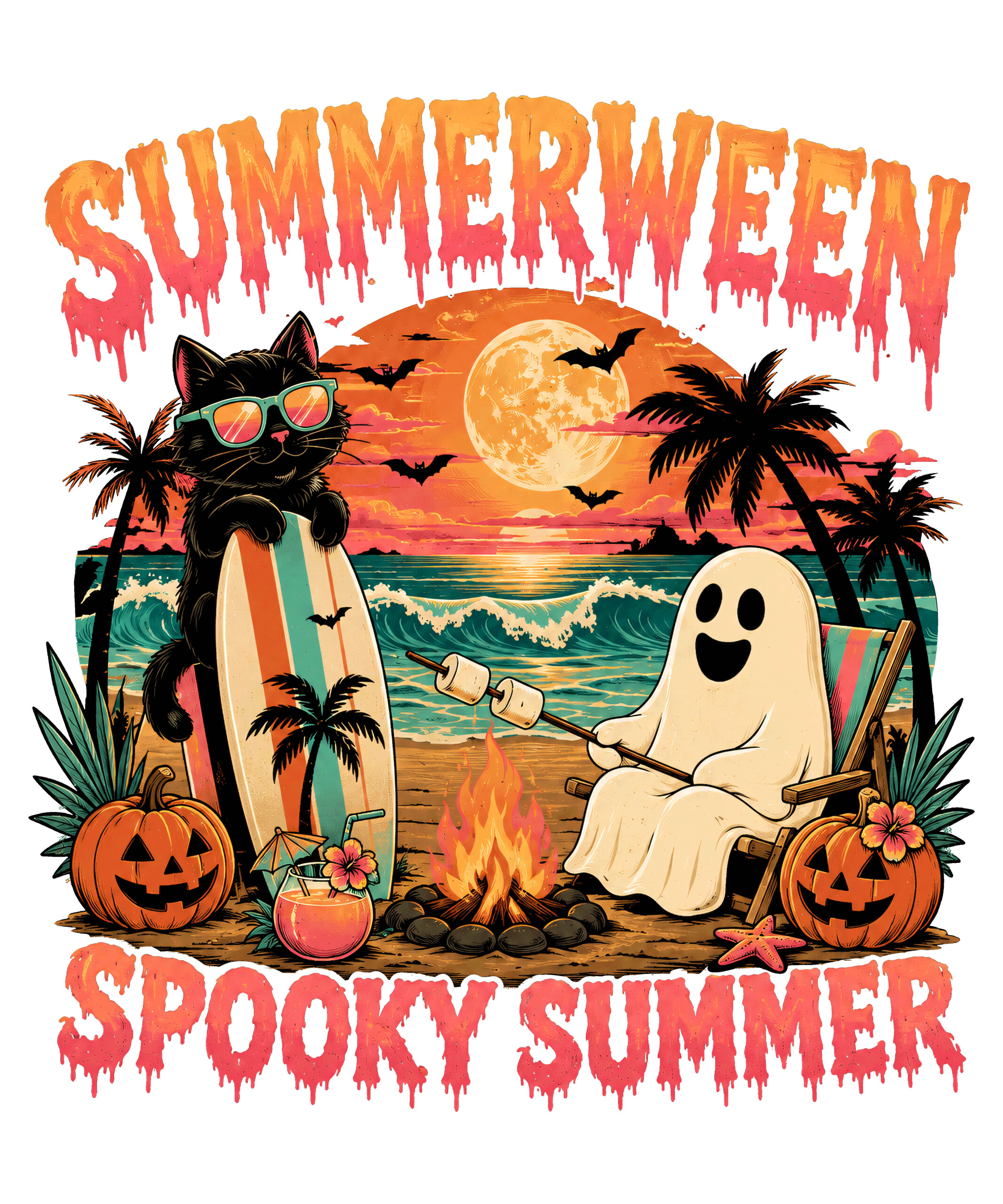 A vintage distressed graphic showing a cool surfing cat and a ghost roasting marshmallows at a beach bonfire, captured perfectly in this summerween spooky summer png.