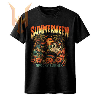 A vintage distressed design featuring a cool cat in a hammock and a ghost with a coconut drink on a tropical beach, perfectly captured in this summerween spooky summer png.